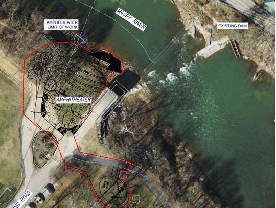 Overhead satellite image of a portion of Jordan's Point Park near the Maury River. The image has been edited with a red outline of the area that will be under construction as well as labels indicating what landmarks are visible, including the Maury River and the "Existing Road" to the work site