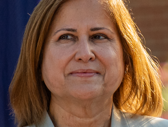 cropped headshot of Virginia's 43rd Lt. Governor, Ghazala Hashmi, a 62-year-old light-skinned Indian-American woman with golden-brown hair. She is wearing a light blue suit jacket over a blouse with a brown and white overlapping checkerboard pattern.