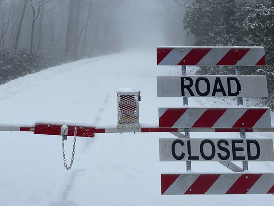 Snow covered Blue Ridge Parkway, near Fancy Gap, Virginia, during a December 2025 snowstorm. NPS Photo.
