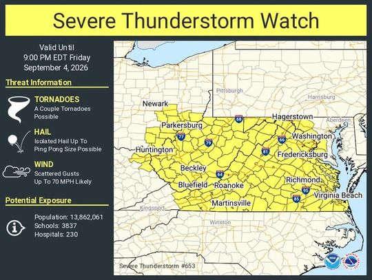 Severe thunderstorm watch in effect until 9 p.m.