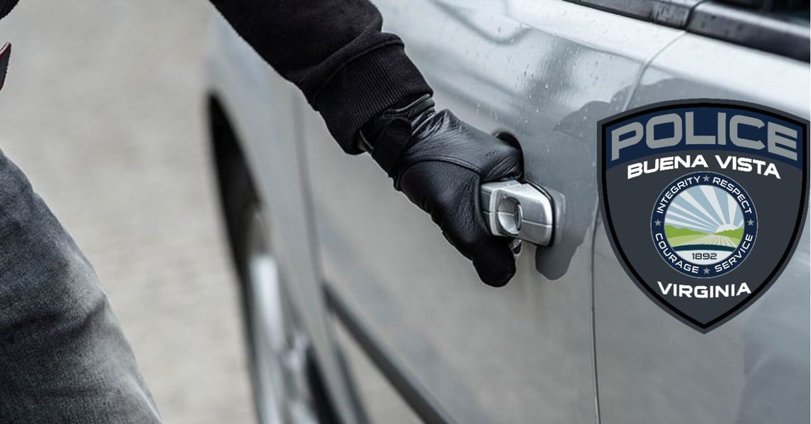 Close image of a gray car door, a thief with a gloved hand gripping the handle. The Buena Vista Police Department logo sits in the right side of the photo.