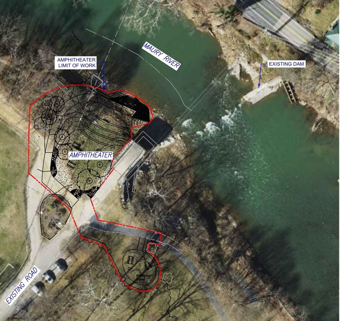 Overhead satellite image of a portion of Jordan's Point Park near the Maury River. The image has been edited with a red outline of the area that will be under construction as well as labels indicating what landmarks are visible, including the Maury River and the "Existing Road" to the work site