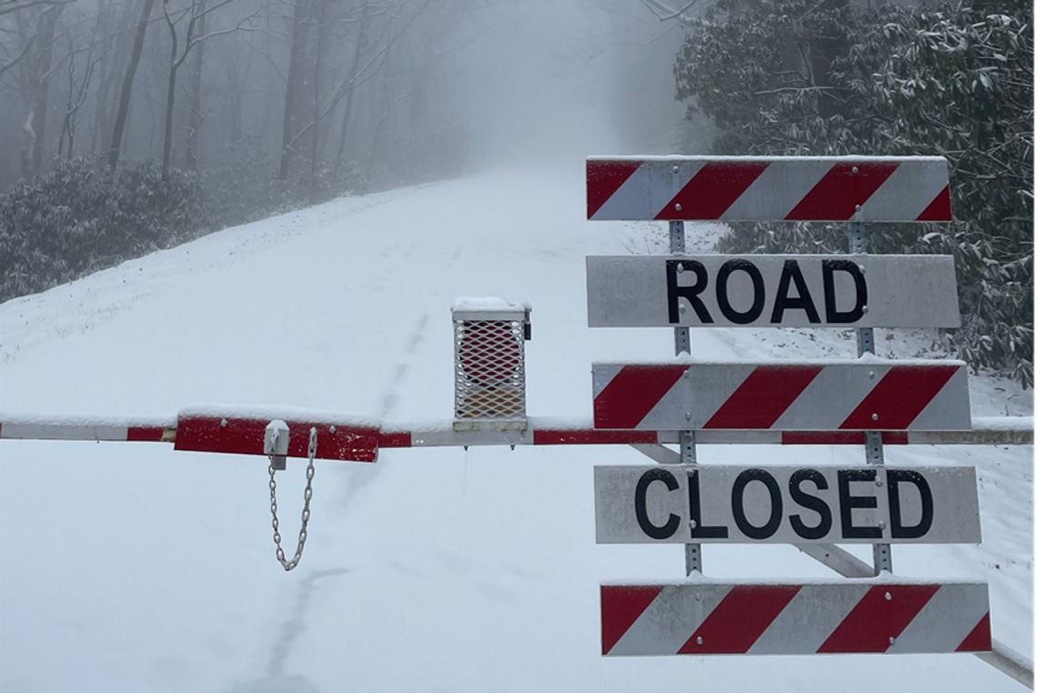 National Park Service: Blue Ridge Parkway Closures Snow covered Blue Ridge Parkway, near Fancy Gap, Virginia, during a December 2025 snowstorm. NPS Photo.
